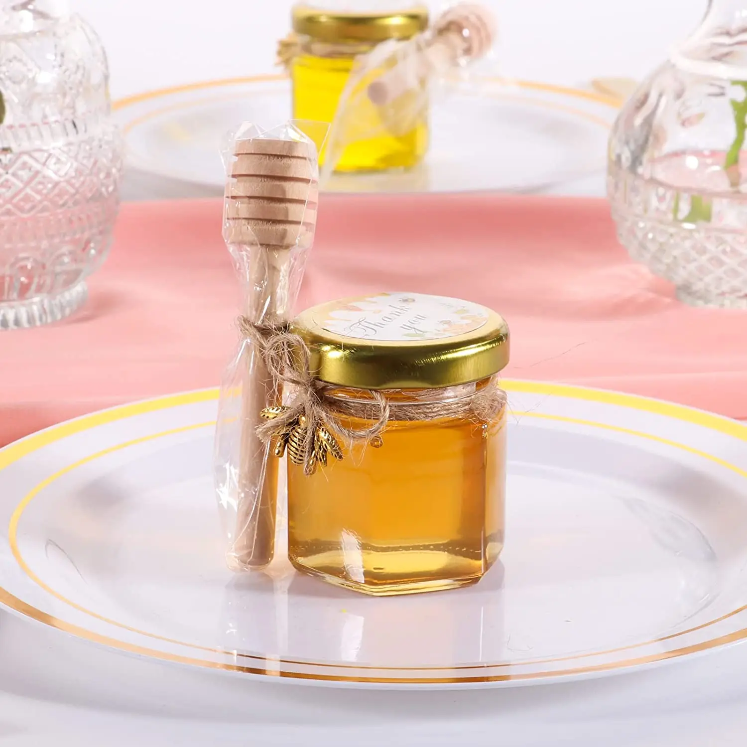 Hexagon Mini Glass Honey Jars with Wood Dippers, Gold Lids,Bee Pendants Jutes  Bee Stickers Perfect for Baby Shower,Wedding 3