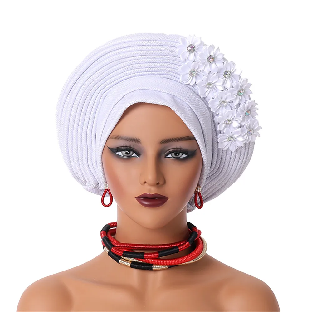 Nigeria Head Ties with Flowers Already Made Auto Gele Women Head Wraps for Wedding Party New African Headtie Turban