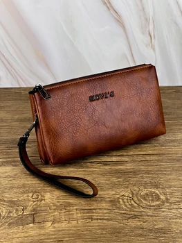 Pochette da uomo retrò semplice alla moda Portafoglio da lavoro Pochette di grande capacità Pochette a portafoglio lunga con cerniera a doppio scomparto 1