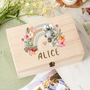 Personalised Forest Animal Rainbow Baby Memory Box Custom Wooden Boxes Newborn Shower Gift Baby Keepsake Box Umbilical Boxes