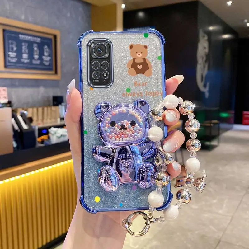 Pearl Glitter Bear Phone Holder Case with Strap