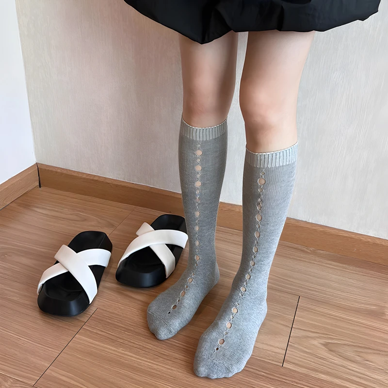 

Stockings Women's Cotton Black Gray Simple Ripped Calf Moisture Wicking Summer Hollow Fashion Trendy Long Tube Personality Thin