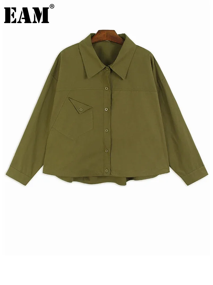 

Женская Асимметричная блузка EAM, Повседневная рубашка цвета хаки с длинным рукавом и отложным воротником, большие размеры, весна-осень 20241DH5294