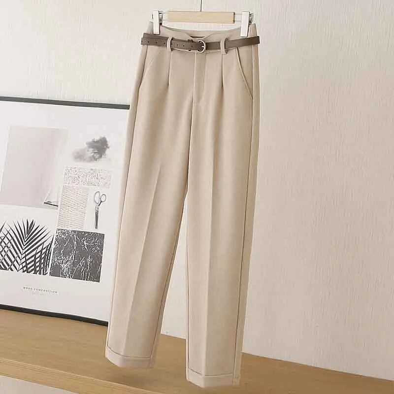Fall Warm Woolen No Belt Harem Pencil Pants Women High Waist Ankle Length Casual Suit Pants Korean Chic Office Lady Trousers
