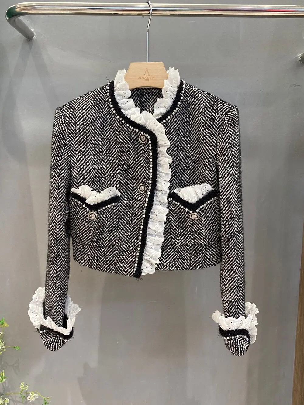 

Small Fragrance Jacket for Women Lace Patchwork Tweed Coat Trendy Female Casual Short Outwear High Quality Spring and Autumn New