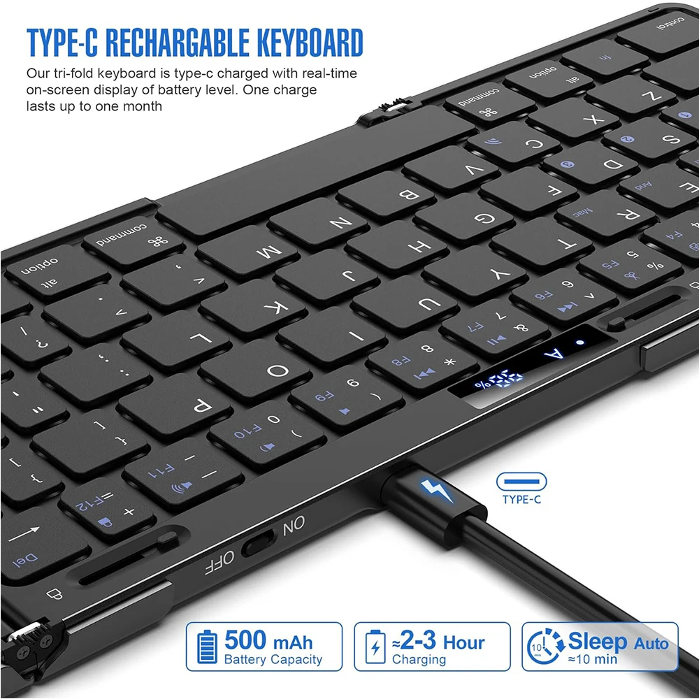 Jomaa-Teclado dobrável com bluetooth, bateria recarregável, ecrã