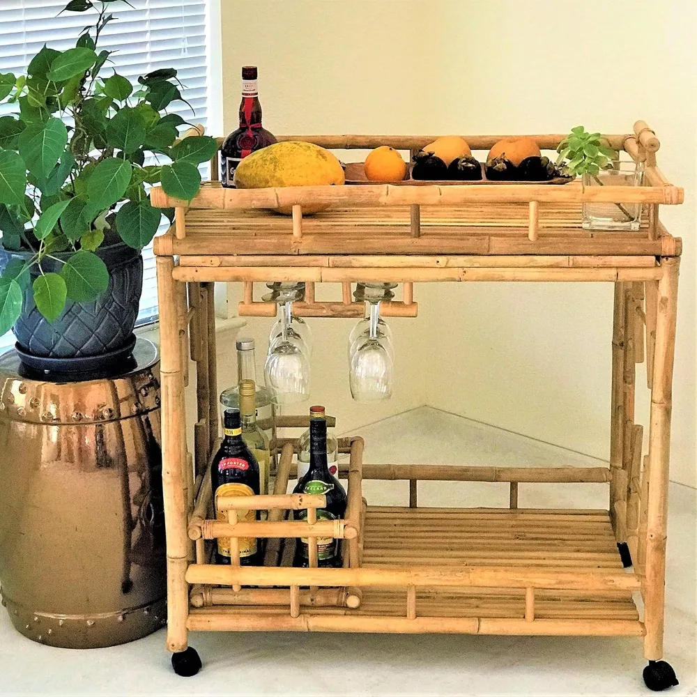 

Natural Wheeled Serving Cart Wine Rack Rolling Island Trolley Catering Buffet Utility Kitchen Bottle Holder Bamboo 2-Tier Hand