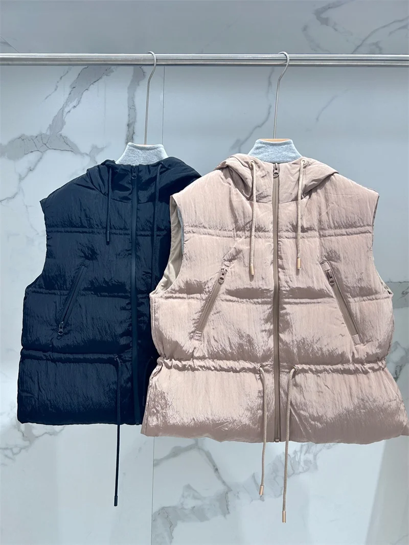 

Women's Sleeveless Vest Down Jacket Autumn Winter New Solid Color Versatile Simple Female Drawstring Hooded Warm Coat
