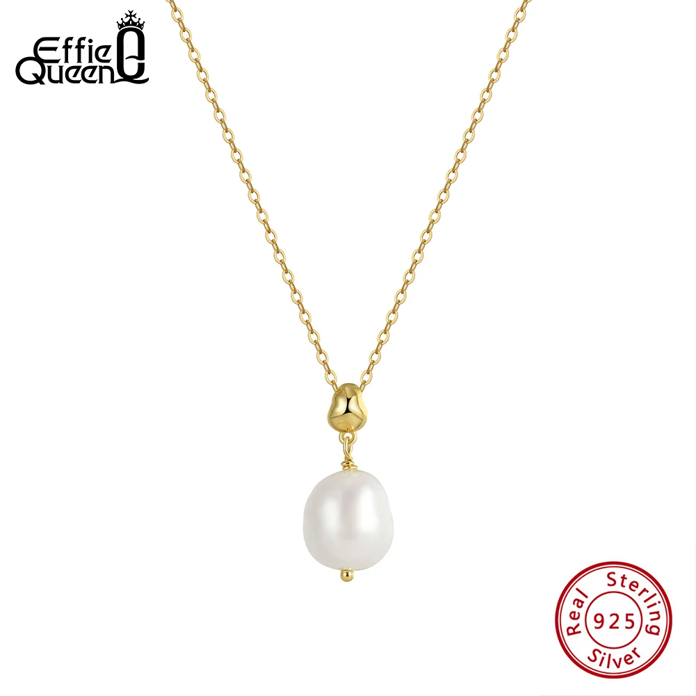 

EFFIE QUEEN Elegant 925 Sterling Silver 14K Gold Cable Chains with Cultured Freshwater Pearl Necklace Jewelry for Women GPN48