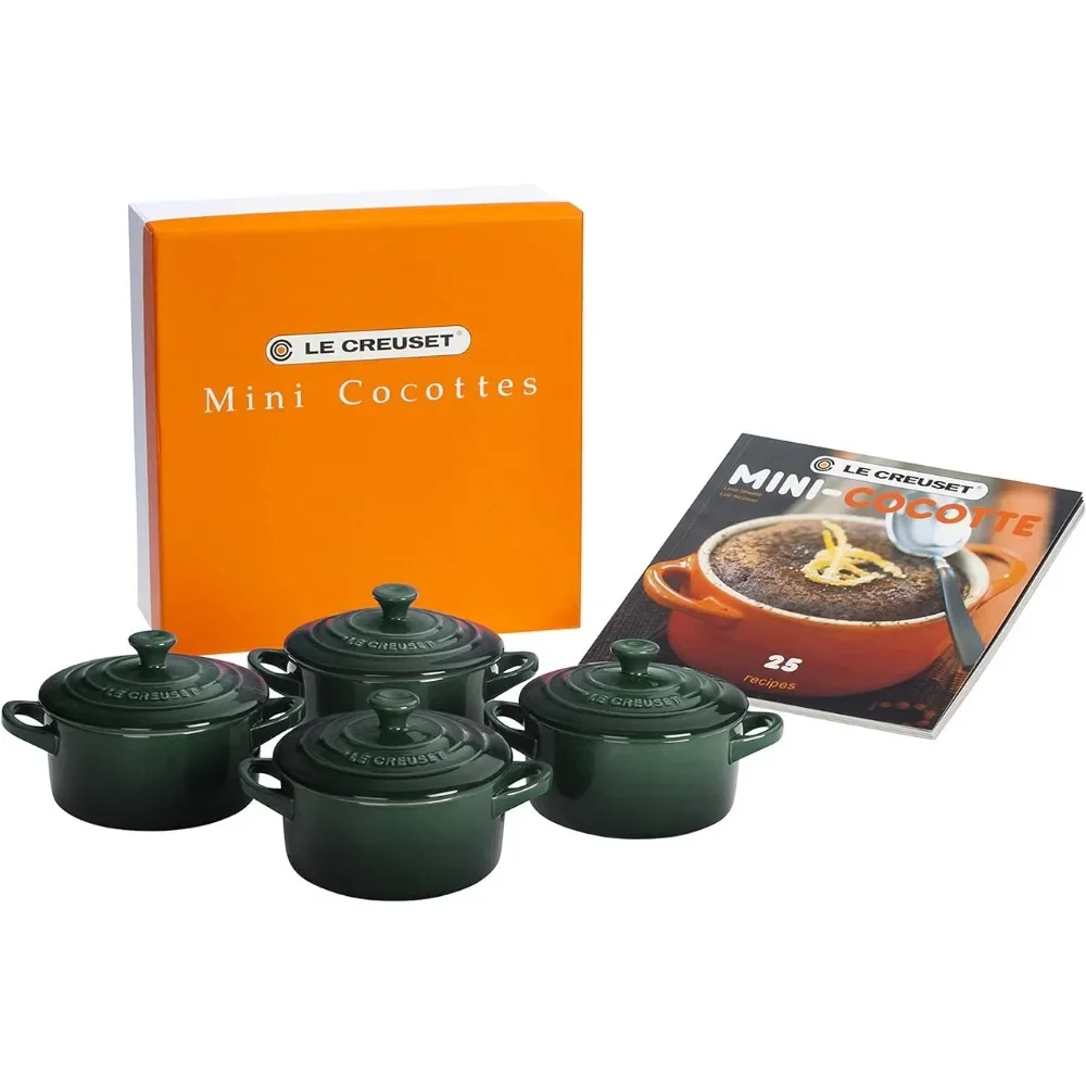 

Le Creuset 8 Oz. Each, Artichaut Stoneware Set of 4 Mini Cocottes with Cookbook Wooden Bowl