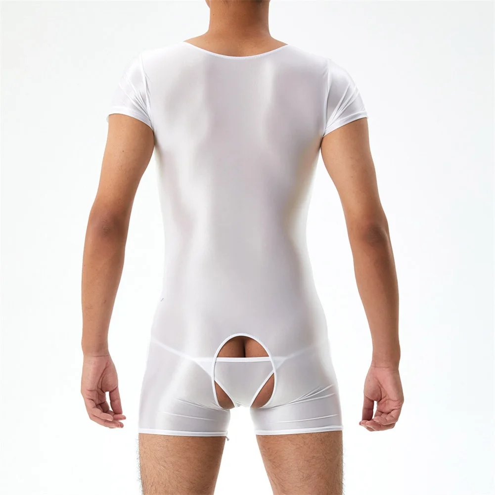 

Mens Slim Bodysuit Sexy Shiny Glossy Jumpsuit Solid High Stretch Shorts Leotard Open Crotch Erotic Underwear Temptation Clubwear