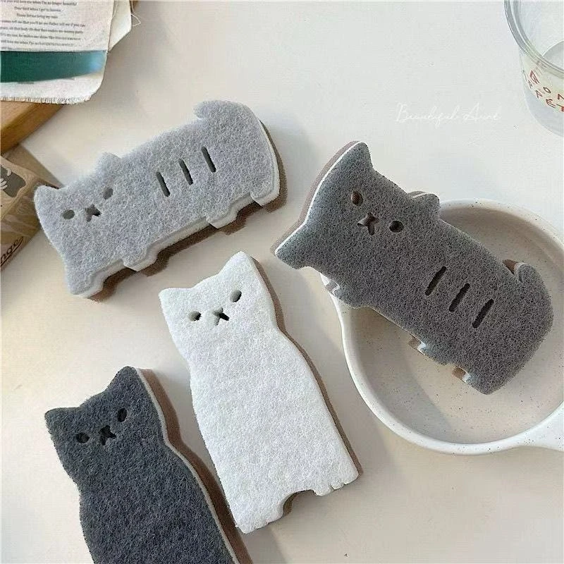 3/4/6PCS Cute Cat Kitchen Sponge Set - Double-sided Dishwashing Brush, Scouring Pad Cleaning Tool (random Style)