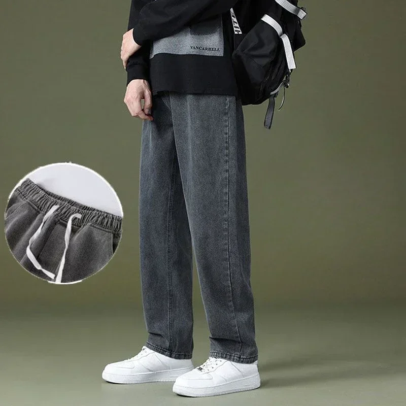 thumbnail image 1 of Pantalones con bolsillos para hombre, pantalones vaqueros casuales de pierna ancha para hombre, azul claro, rectos, de alta calidad, estilo coreano, holgados, talla grande, 1 of 5