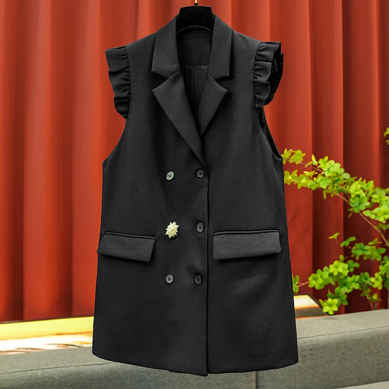 

Wooden Ear Edge Black Suit Vest Jacket Versatile 2023 Fall New Temperament Elegant Evening Dress Top Double-breasted Design Coat