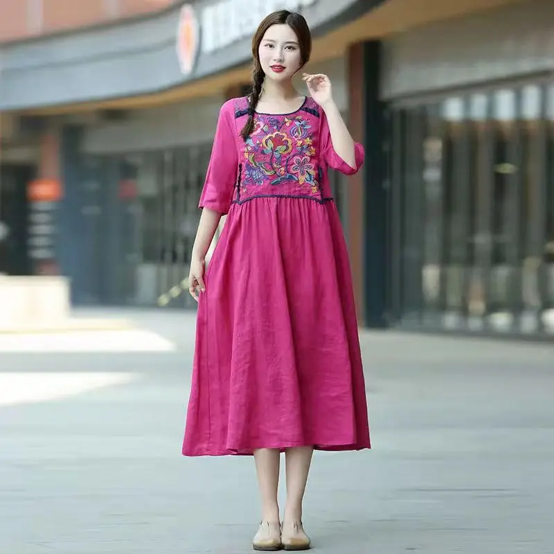 

Summer Women Vintage 3/4 Sleeve Embroidery Floral Loose Orange Green Linen Dress , Woman Chinese Style 4xl Long Dresses