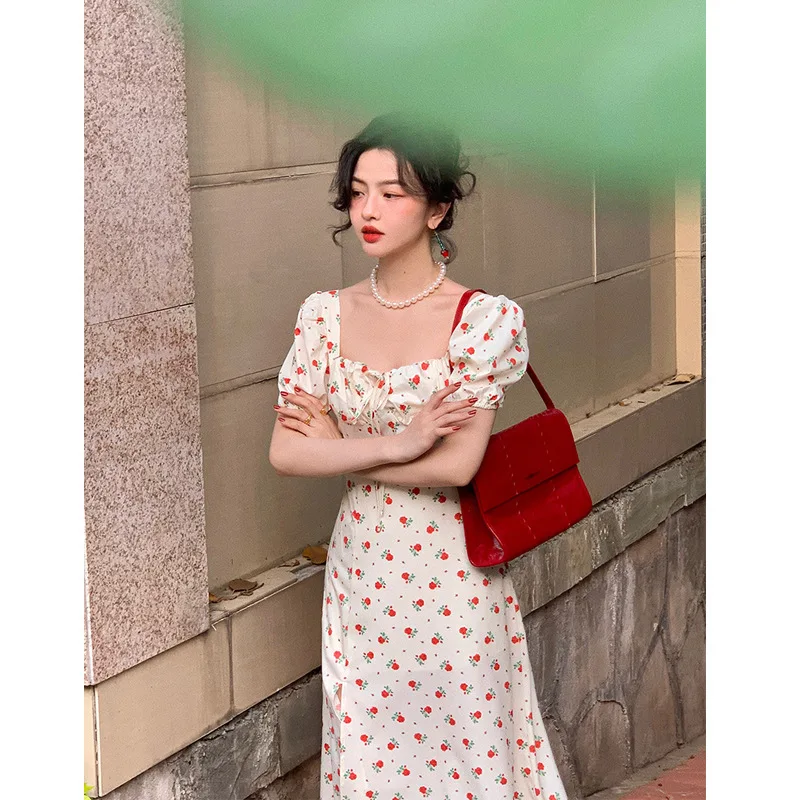 

Love at First Sight 03/21 Pm New French Retro Mid-Length Split Dress for Women Slimming Puff Sleeve