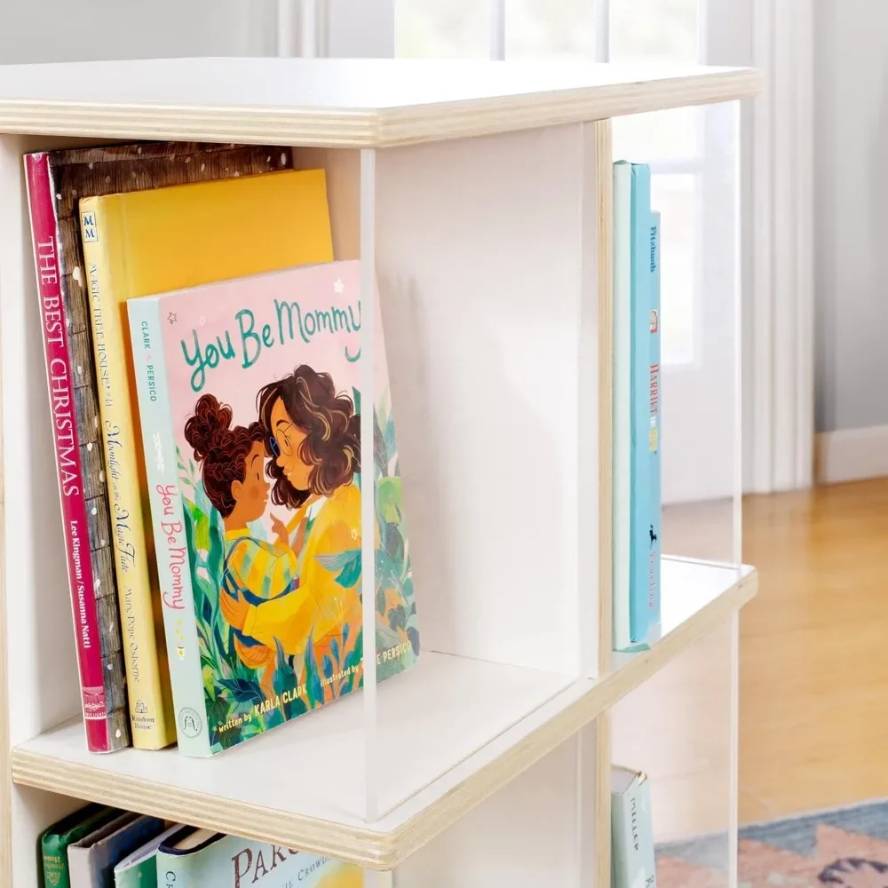 Rotating Book Display - White: Spinning Plywood Storage Bookshelf with Acrylic Windows for Kids Classroom, Playroom, or Bedroom 3