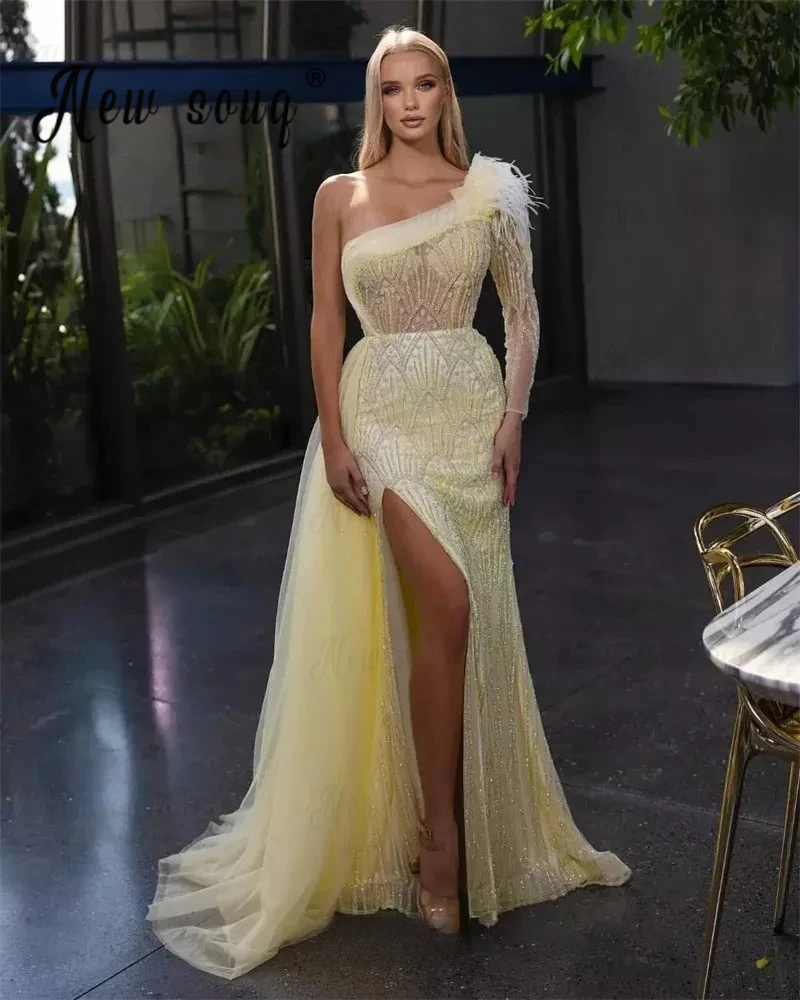 

One Shoulder Elegant Prom Dresses Dubai Feather Beaded Birthday Evening Dress Arabic Wedding Party Gowns Robe Soirée Female