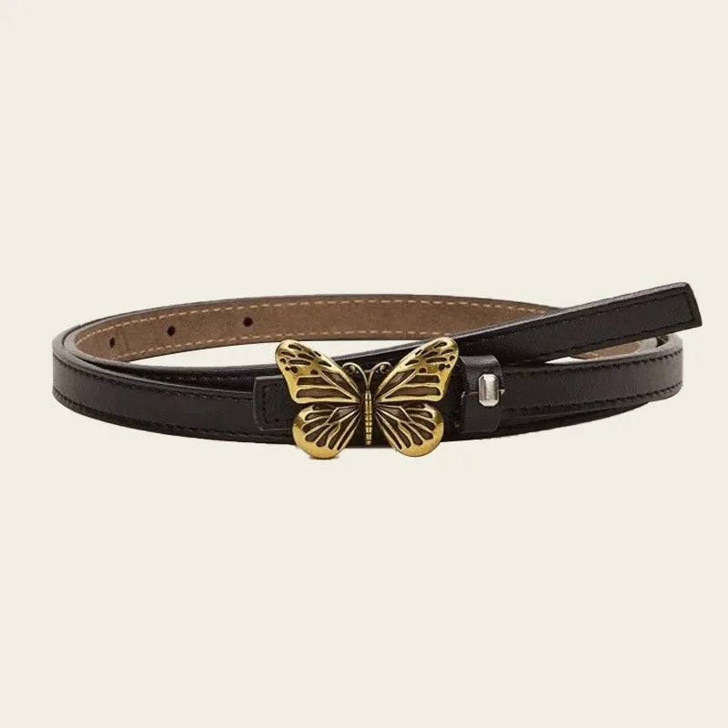 Women's Genuine Leather Belt with Butterfly Buckle - Adjustable Vintage Style Waist Accessory for Retro & Chic Outfits