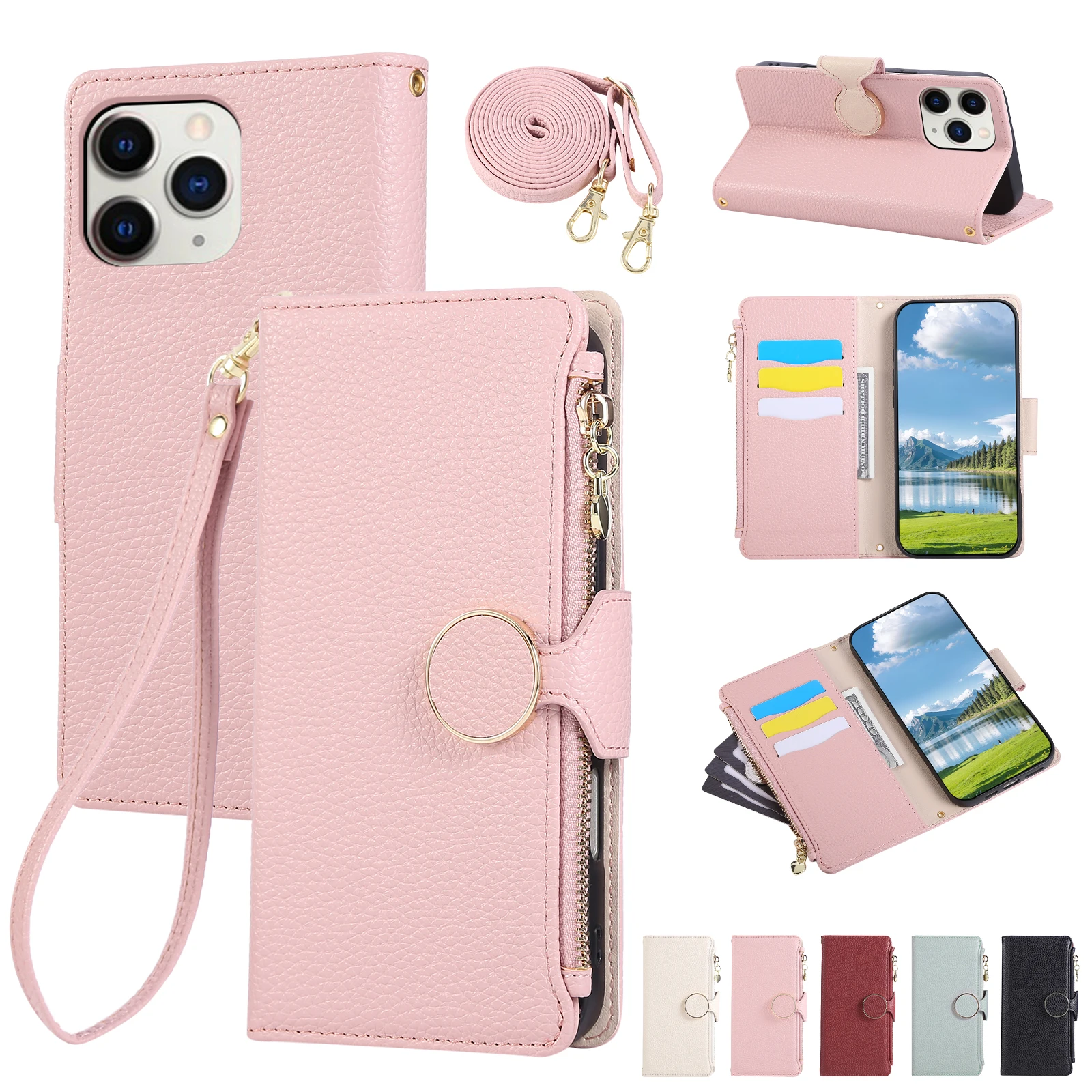 Crossbody Multi-Card Leather Wrist Strap Zipper Case