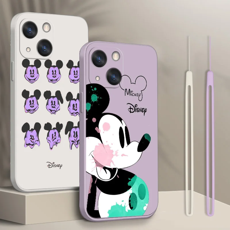 

Cute Mickey Disney Phone Case For Apple iPhone 14 13 12 mini 11 Pro Max 8 7 Plus XR XS X Liquid Rope Funda Cover
