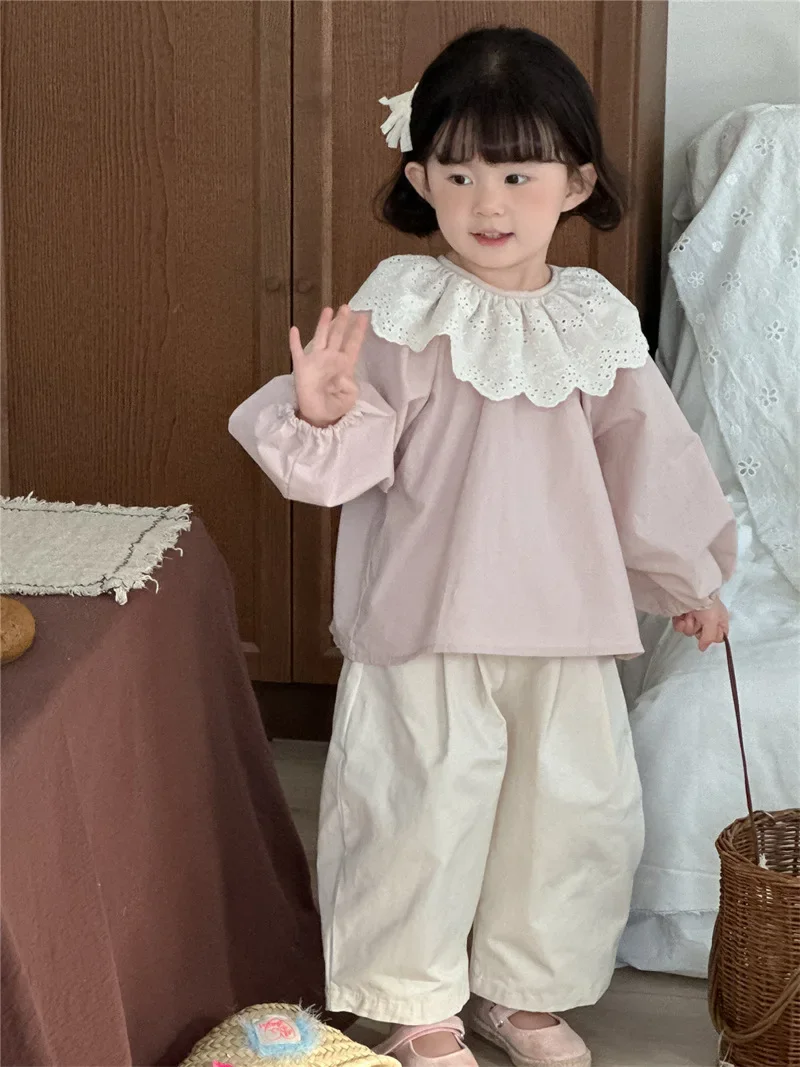 5593 Children Pants Spring and Autumn New Solid Color Pleated Wide-leg Pants for Girls Elastic Waist Slant Trousers