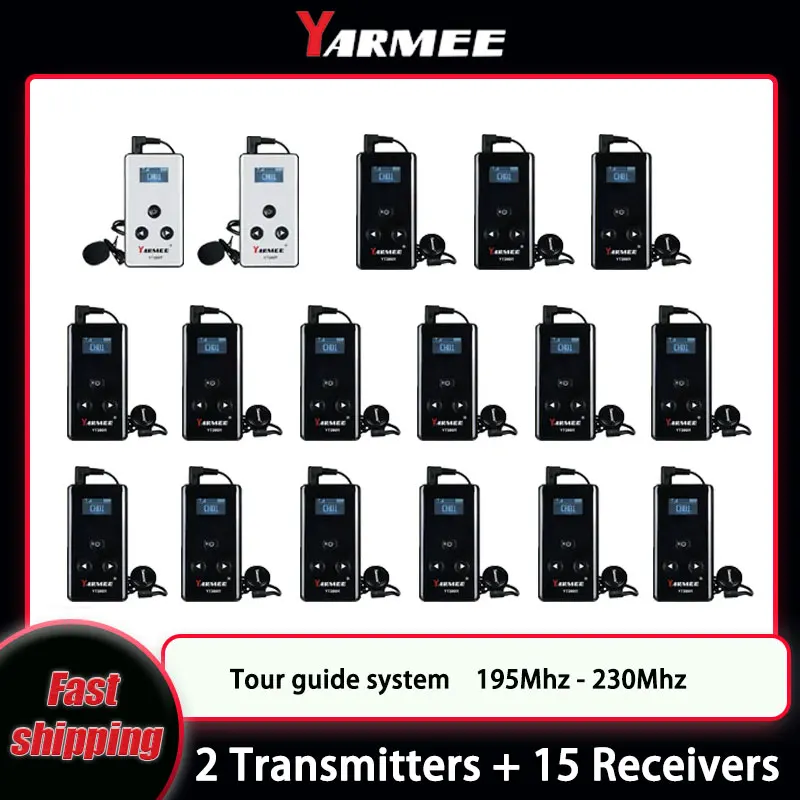 

YARMEE Wireless Audio Tour Guide System 2 Transmitter + 15 Receivers With Microphone Earphone For Travelling Factory inspection