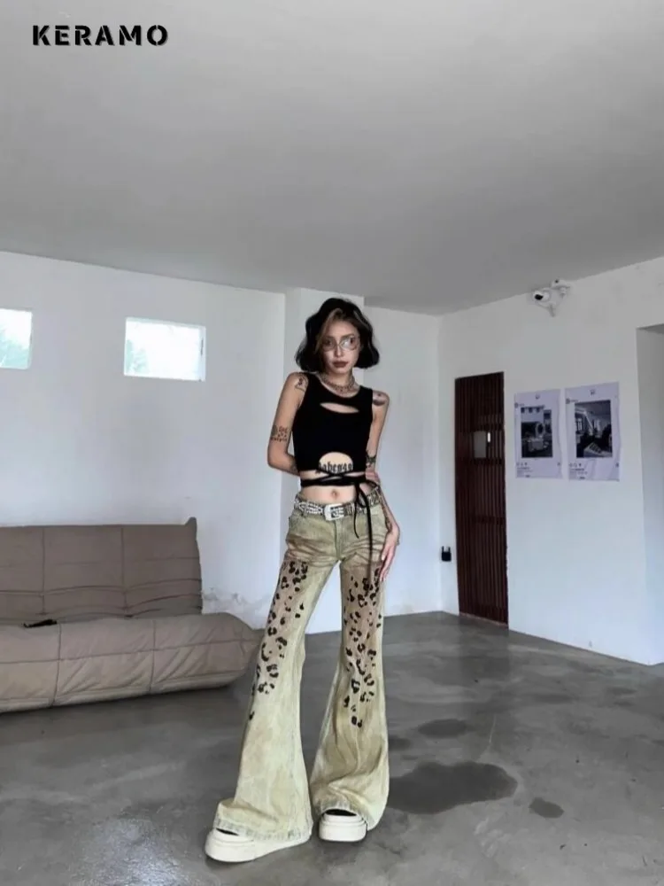 

Women Harajuku Trashy Style Wide Leg High Waist Flared Jeans Print Y2K Pants 2024 Summer Vintage Slim Streetwear Denim Trouser