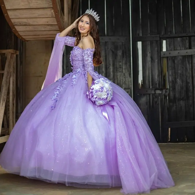 

Lorencia Mexican Lavender Long Sleeve Quinceanera Dress Ball Gown Lace Applique Beaded Sweet 16 Dress Vestidos De 15 Anos YQD469