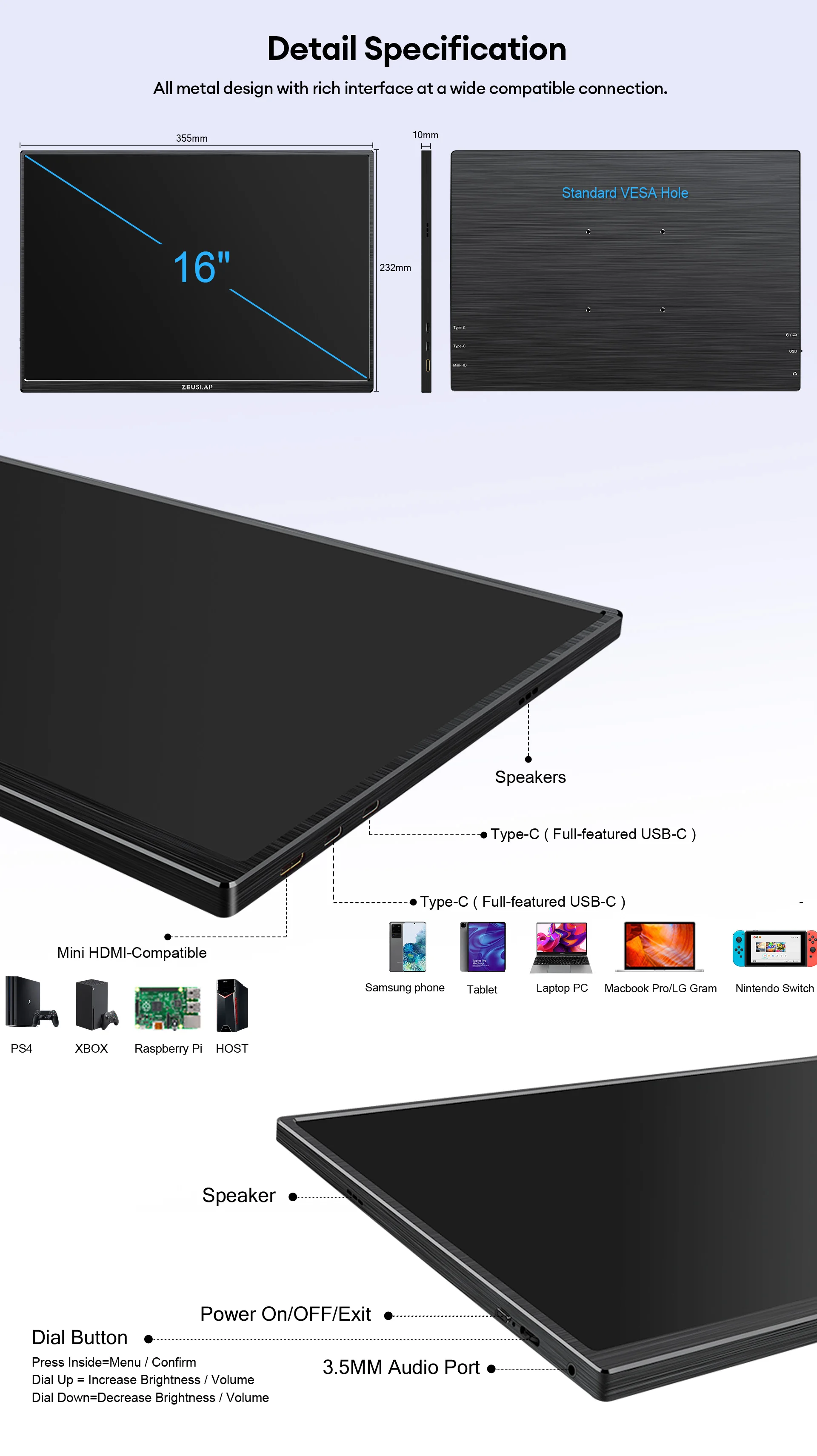 Portable Touch Screen Monitor 16 Inch IPS Panel Travel Display with USB Type-C & HDR10