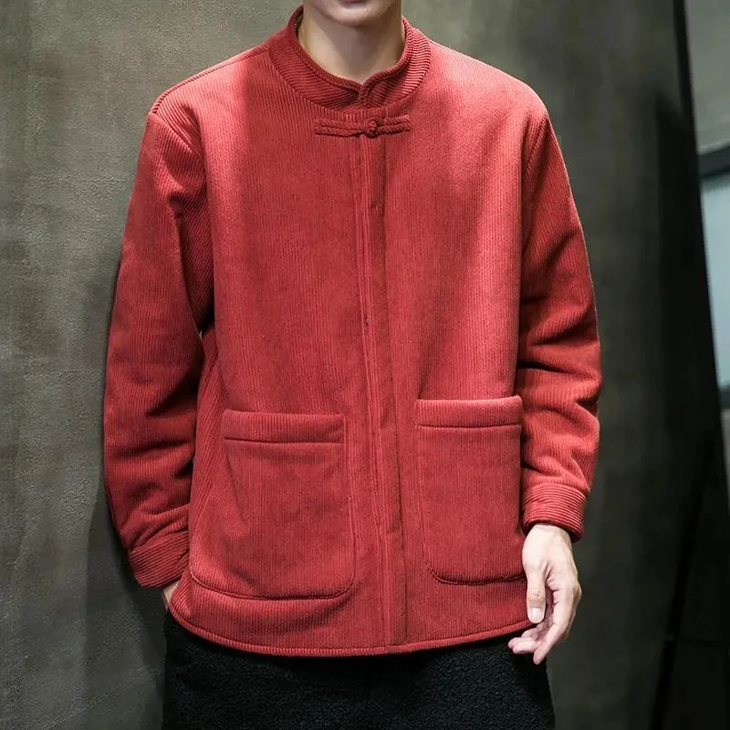 

Chinese Style Thick Jackets for Men Autumn Winter Corduroy Lamb Fleece Coat Plus Size Red Parkas Vintage Tai Chi Kung Fu Jacket
