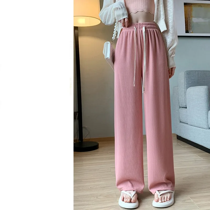 Spring Autumn Women's Solid Pockets Straight Leg Casual Wide Leg Elastic Drawstring High Waisted Sports Trousers Vintage Pants