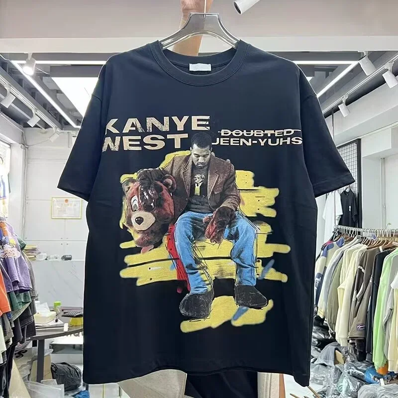 

New Fasion KANYE T-Shirt Round Neck Vintage Washed Old Made Oversized Men's And Women's Cotton Short Sleeve Top