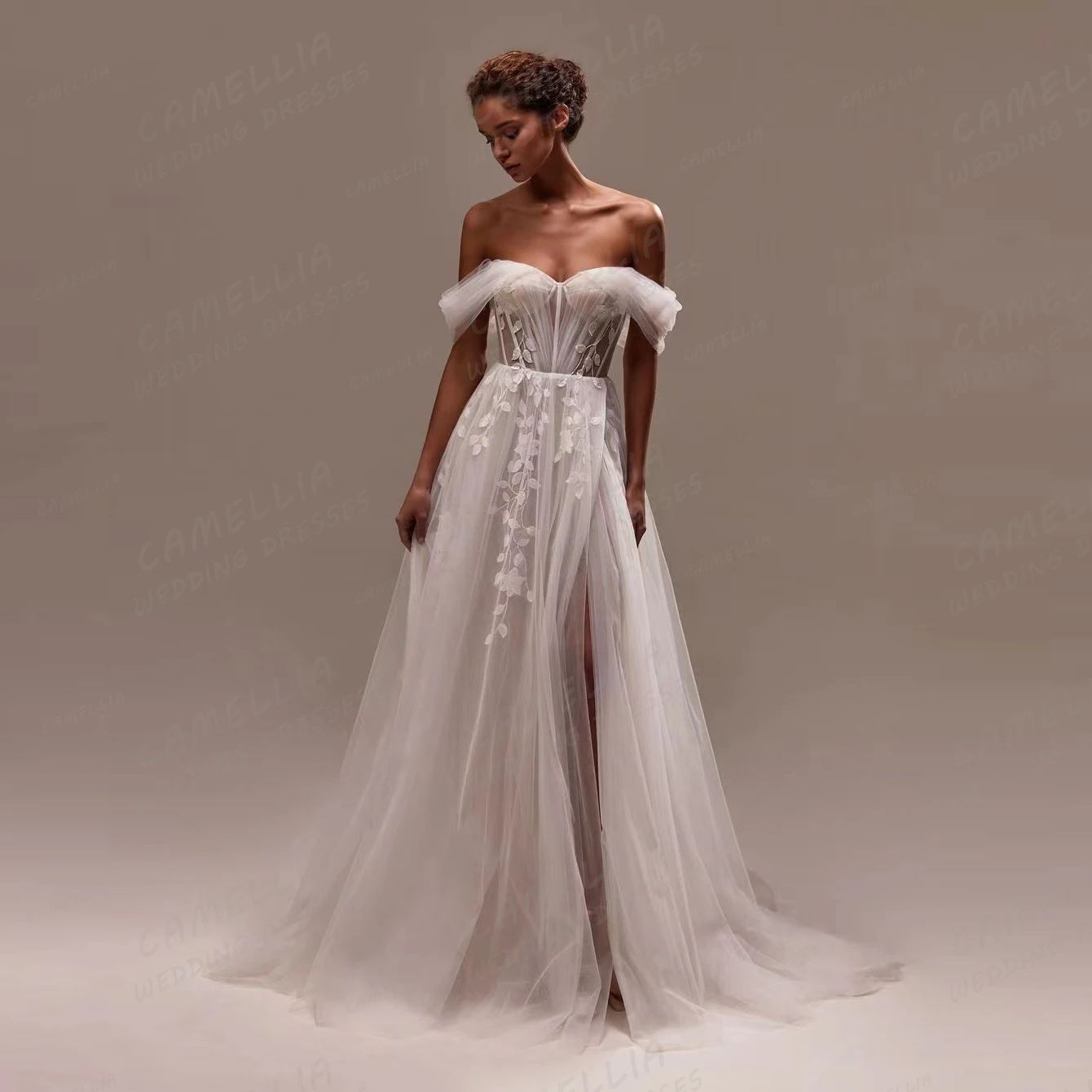 

Элегантное кружевное свадебное платье с аппликацией в виде листьев, женское ТРАПЕЦИЕВИДНОЕ сексуальное свадебное платье с сердечком, официальное Тюлевое платье с открытыми плечами