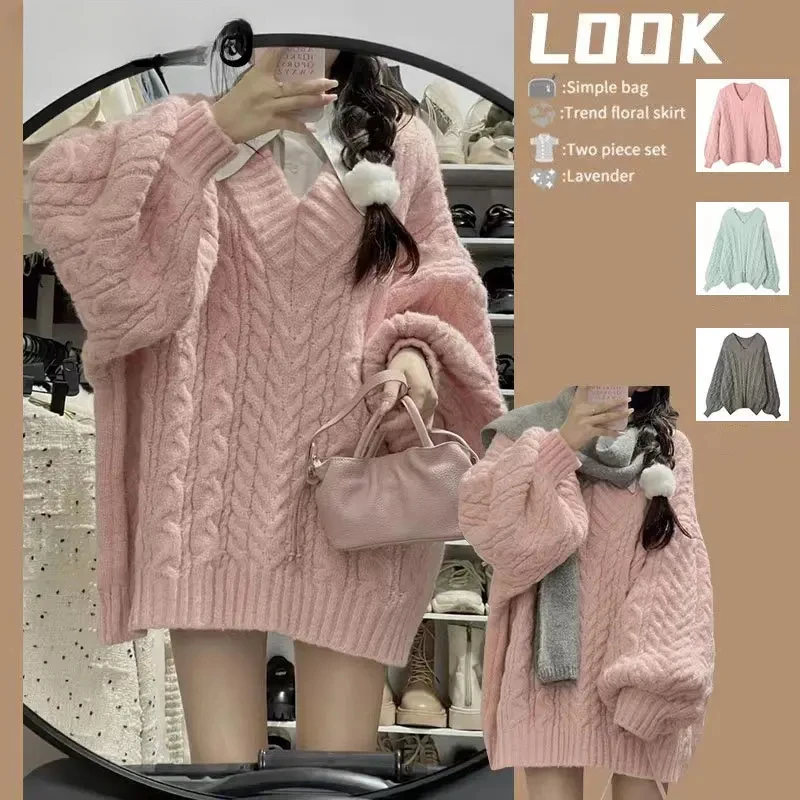 

Women Sweater Soft Waxy Knitting Pullover V-neck Loose Lantern Sleeve Sweet Preppy Style Thickened Warm Jumper Autumn and Winter