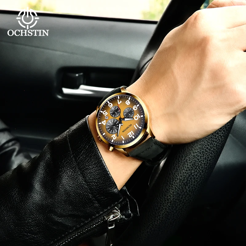 OCHSTIN Chronograph Watch Quartz Analog Clock Men Leather Strap Fashion Sport Wristwatch Stop Watch Auto Date 42mm Free Shipping