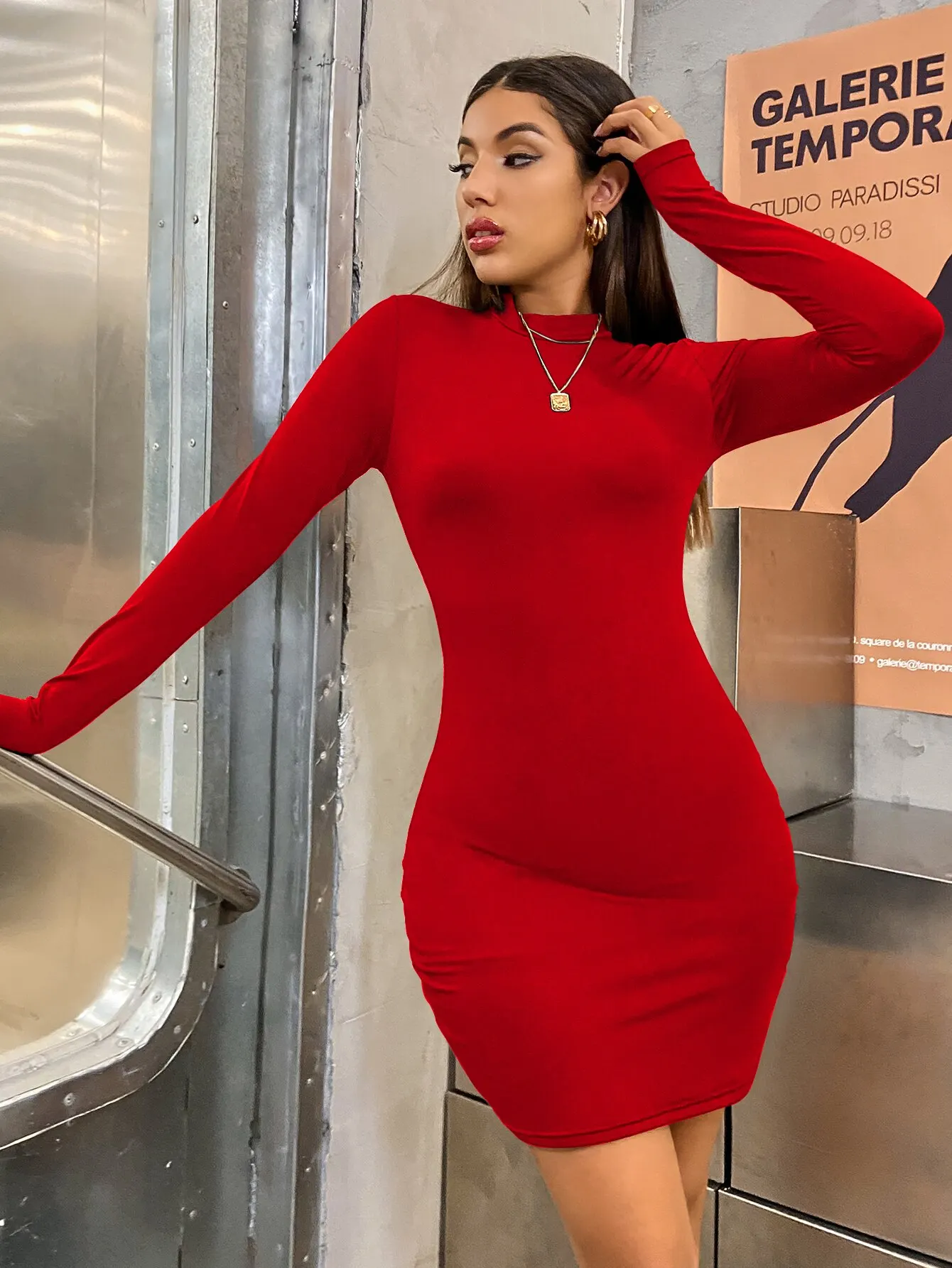 Sd0912b7c16b341b29222117e6af2ea10d Long Sleeve Slim Bodycon Mini Dress Women Turtleneck Pleated Party Ruched Short Evening Club Outfit Solid Color Mallzona