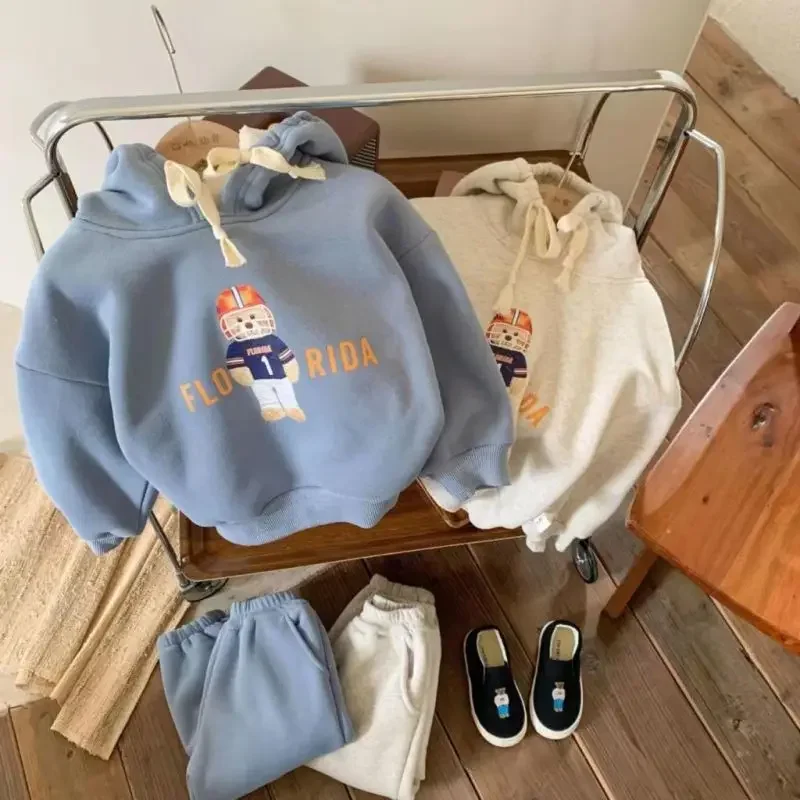 

Baby Girl Boy Fleece Inside Clothes Set Winter Toddler Children Cartoon Bear Hooded Sweatershirt+Pants 2PCS Baby Clothes 1-8Y