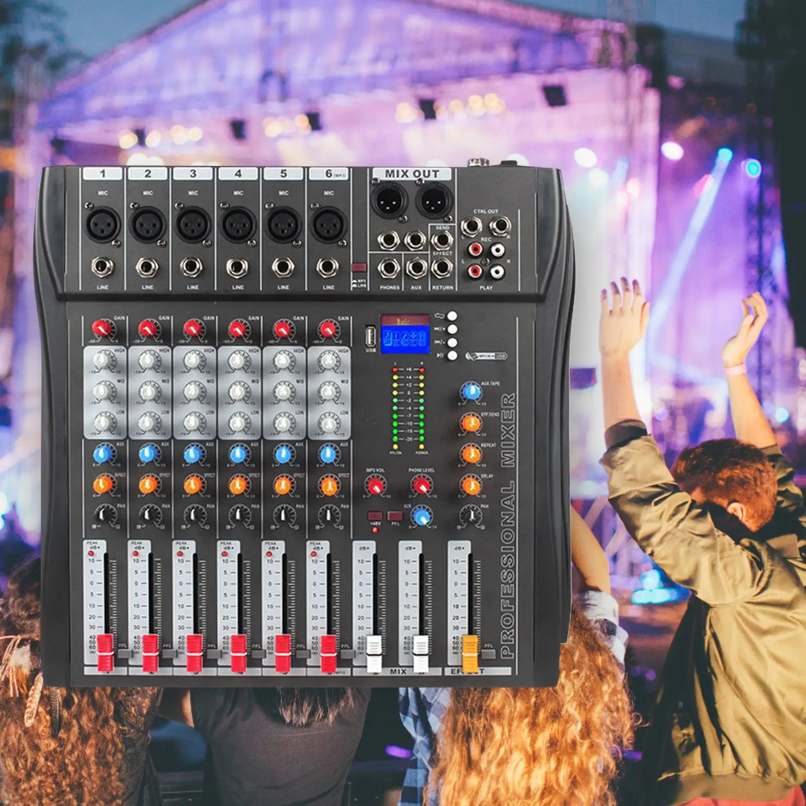 

6 Channels Audio Mixer EU Power Adapter for Karaoke Interface Mixing Board for Studio Recording 48V Phantom Power Portable