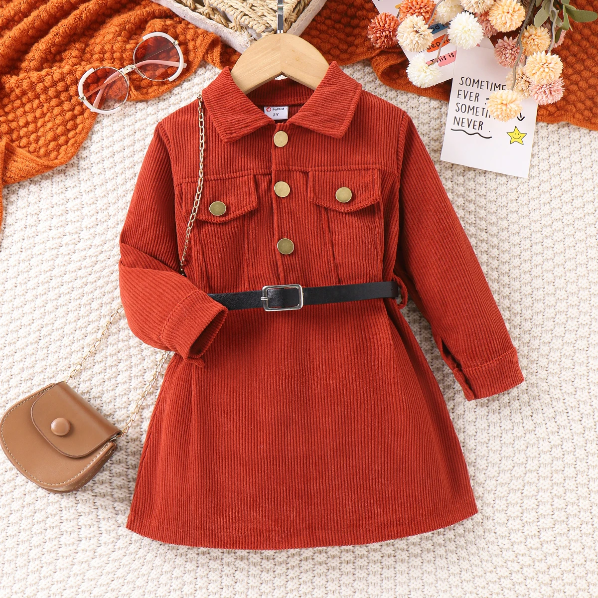 

PatPat 2pcs Toddler Girl Solid Color Avant-garde Lapel Dress with Belt