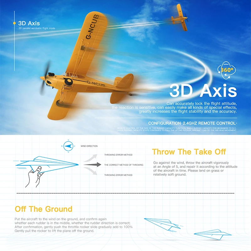 오리지널 WLtoys A160 RC 비행기 업그레이드 J3-CUB 5CH 원격 조종 비행기 3D/6G A-축 1406 브러시리스 모터 야외용 폼 항공기