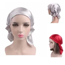 

Fashion Solid Color Satin Turban The Long Tail Hat Baotou Cap Muslim Stretch Head Scarf Bonnet Women Hijabs Chemo Cancer Turban