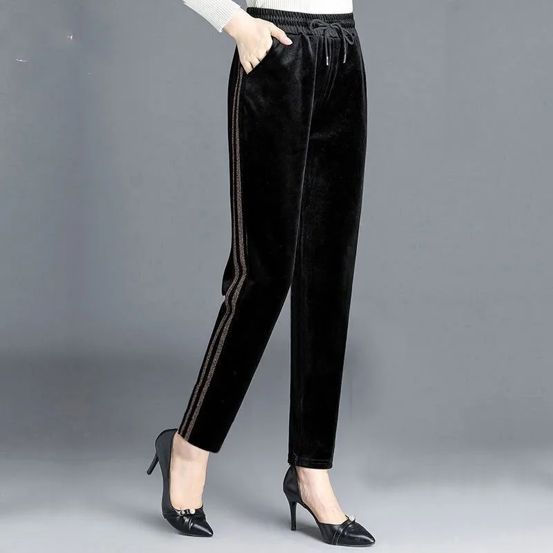 Autumn Winter Women's Solid Striped Pockets Drawstring Shirring Elastic Waist Casual Loose Trousers Fashion Elegant Loose Pants