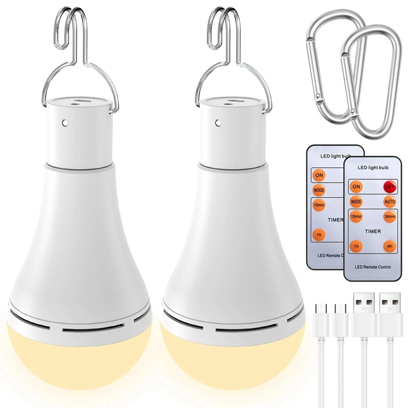 

USB Rechargeable Light Bulb With Remote For Home Power Outage, With Hook ABS+PC For Outdoor 2 Pack