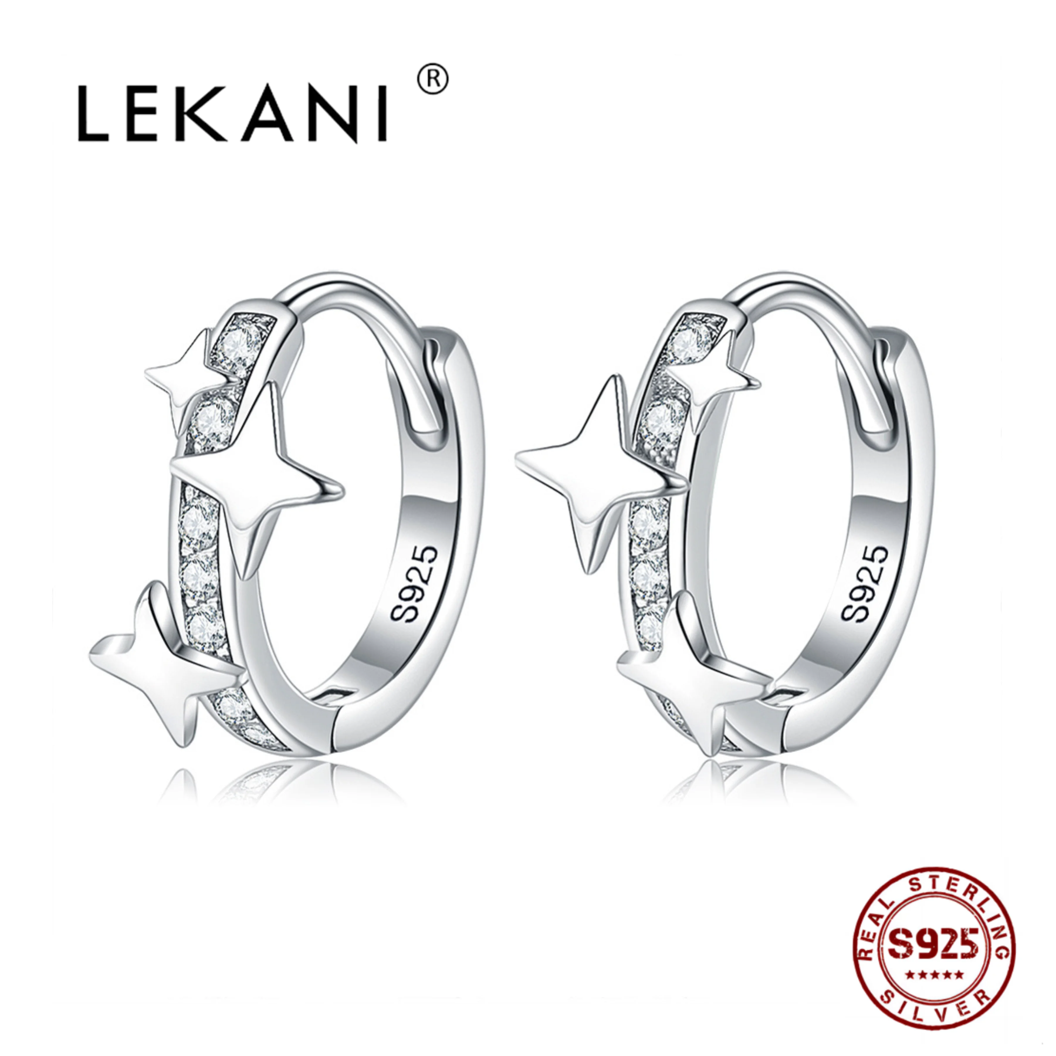 

LEKANI Real 925 Sterling Silver Stars Cubic Zirconia Hoop Earrings For Women Fine Stainless Steel Jewelry Gift Free Shipping