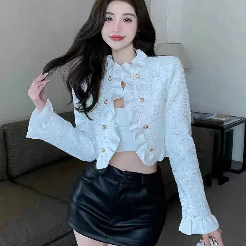 White Tweed Jacket Women Fashion Ruffles Patchwork Cropped Coats Woman Korean Style Double Breasted Jackets Female
