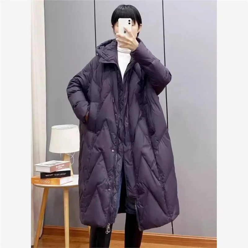 Retro Commuting Loose And Thick Down Cotton jacket for women, New Over The Knee long Plus Size Hooded Parka Winter Outwear Red