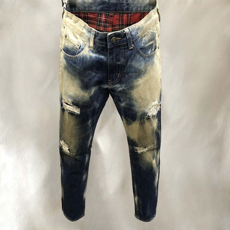

Мужские облегающие джинсы, синие брюки из денима в стиле панк, с принтом в виде поломанных дыр, прямые джинсы, осень 2023