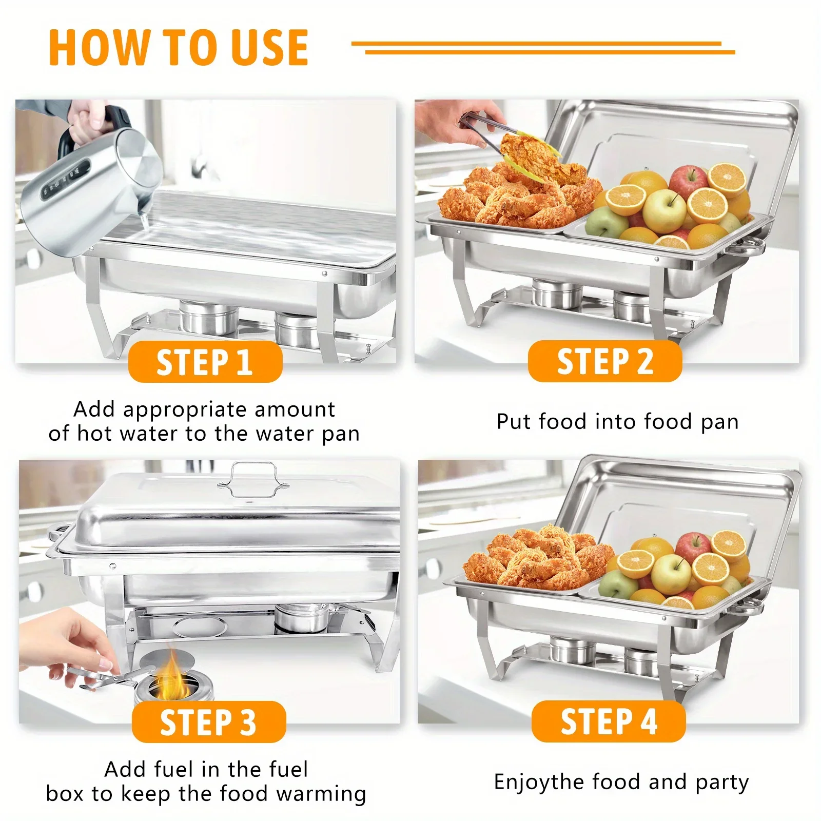 4 Pack Chafing Dish Buffet Set, Stainless Steel Food Warmer Kit with Lids Water Pan Fuel Holders Restaurant Catering Weddings
