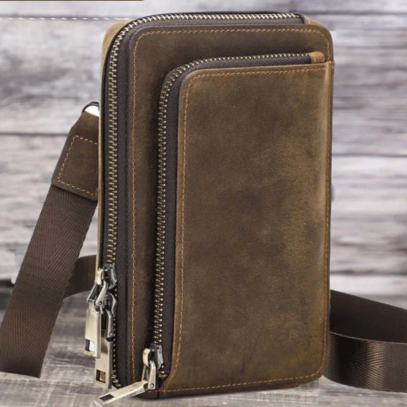 New Men's Mobile Phone Baotou Layer Genuine Leather Handbags Woman's Fashion Casuals Small Single Shoulder Crossbody Bags Female